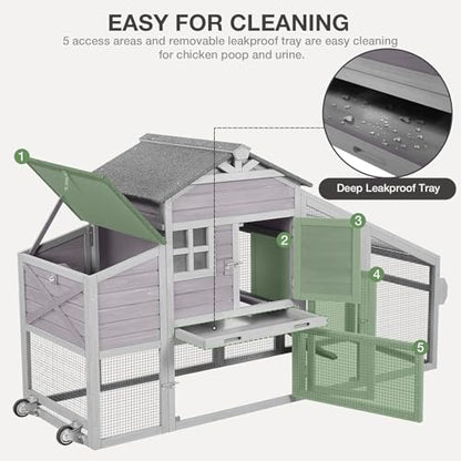 Chicken Coop with Wheels Wooden Outdoor Chicken House Easy Cleaning with Nesting Box, Deeper Leakproof Pull-Out Tray and UV Proof Panel Roof - Reinforced Version
