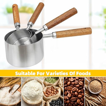 4 Pcs Dog Food Scoop, Stainless Steel 1 Cup, 1/2 Cup, 1/3 Cup, 1/4 Cup Measuring Cup, Cat Food Scoop with Wood Handle, Pet Food Scoop
