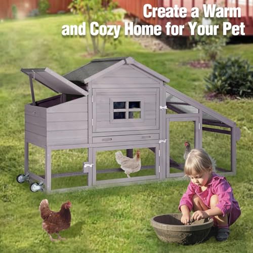 Chicken Coop with Wheels, Mobile Outdoor Chicken House with Leakproof Pull-on Tray, Nesting Box, Waterproof Roof - Grey - color: Grey