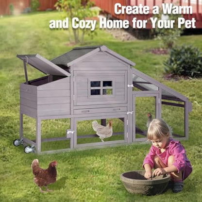 Chicken Coop with Wheels, Mobile Outdoor Chicken House with Leakproof Pull-on Tray, Nesting Box, Waterproof Roof - Grey - color: Grey