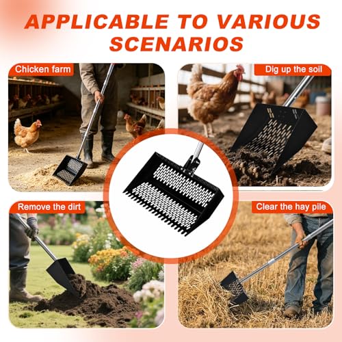 17inch Width Heavy Duty 2-in-1 Chicken Poop Scooper & Rake, Stainless Steel Chicken Coop Litter Sifting Shovel with Ergonomic Grip & Adjustable Angle, Sand Scoop for Coop, 37-54 Inch (17inch) - size: 17inch