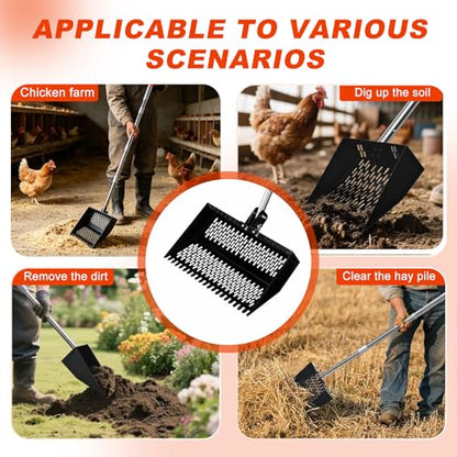 17inch Width Heavy Duty 2-in-1 Chicken Poop Scooper & Rake, Stainless Steel Chicken Coop Litter Sifting Shovel with Ergonomic Grip & Adjustable Angle, Sand Scoop for Coop, 37-54 Inch (17inch) - size: 17inch