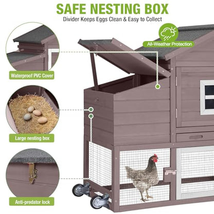 GUTINNEEN Chicken Coop with Wheels,Outdoor Hen House with Waterproof Asphalt Roof, Wooden Poultry Enclosure with Easy-Clean Slide-Out Tray,Poultry Cage with Nesting Boxes for Duck Rabbit Chicken-Brown - size: 67.3"L x 26"W x 39.4"H-Brown