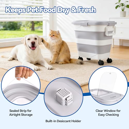 Dog Food Storage Container 30-40lbs, Airtight Pet Food Bin with Locking Lid & Clear Window, Collapsible Rolling Storage Container with Wheels & Scoop, Gray - color: Gray-L