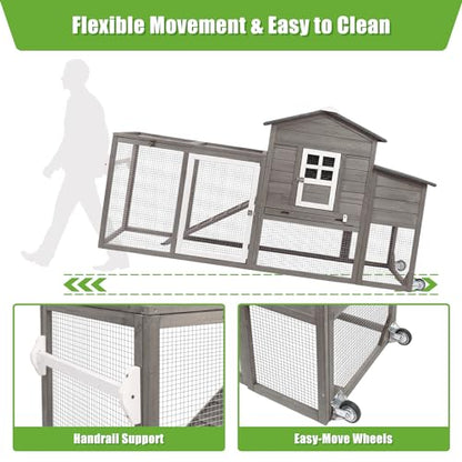 Ketive Chicken Coop with Run and Wheels, Outdoor Wooden Hen House with Nesting Box, Asphalt Roof, Removable Tray, Mobile Poultry Cage Rabbit Hutch - color: Grey, size: 74.8"L x 22.1"W x 39.4"H