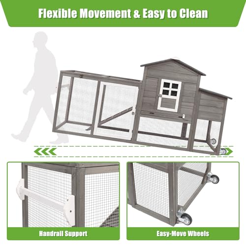 Ketive Chicken Coop with Run and Wheels, Outdoor Wooden Hen House with Nesting Box, Asphalt Roof, Removable Tray, Mobile Poultry Cage Rabbit Hutch - color: Grey, size: 74.8"L x 22.1"W x 39.4"H