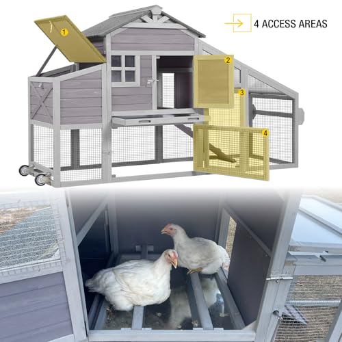 Aivituvin Chicken Coop Mobile Chicken House on Wheels Expandable Wooden Poultry Cage with Large Nesting Box Leakproof Pull-Out Tray Rabbit Hutch Bunny Cage,UV-Resistant Roof (Grey，AIR32) - size: 73.4"L x 27.9"W x 43.2"H