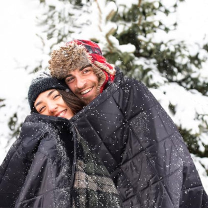 DUKUSEEK Large Outdoor Blanket, Camping Blankets for Cold Weather, Waterproof Windproof Hooded Stadium Blanket 79"x59" Quilted with Extra Thick Fleece, Great for Camping, Picnic, Beach, Car, Dogs - color: Navy Blue Outer With Blue Plaid Fleece