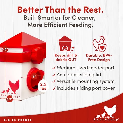 RentACoop Chick2Chicken 2.5lb BPA-Free Single-Port Chicken Feeder - Includes Anti-Roost Lid, Slider Port Cover, and Coop Clip, No-Waste Poultry Feeder Suitable for Quail, Chicks, and Adult Chickens
