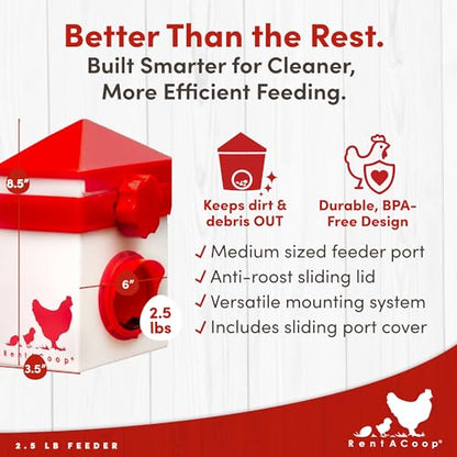 RentACoop Chick2Chicken 2.5lb BPA-Free Single-Port Chicken Feeder - Includes Anti-Roost Lid, Slider Port Cover, and Coop Clip, No-Waste Poultry Feeder Suitable for Quail, Chicks, and Adult Chickens