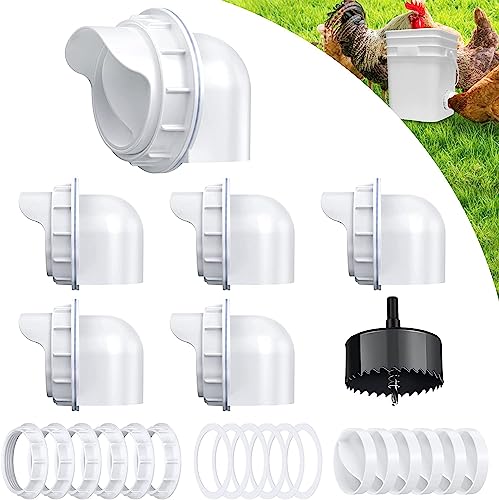 Chicken Feeder Port, 6 Pack Chicken Feeders No Waste with 6 Lids 1 Drill Bit, DIY Automatic Poultry Feeder Cups Kit, Chicken Bucket Feeder for Barrels (White) - color: White, size: 6 pack