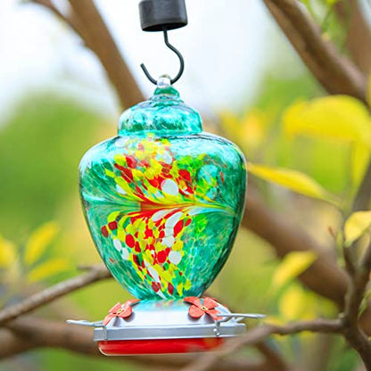 REZIPO Hummingbird Feeder with Perch - Hand Blown Glass - 38 Fluid Ounces Hummingbird Nectar Capacity Include Hanging Wires and Moat Hook (Green) - color: Green