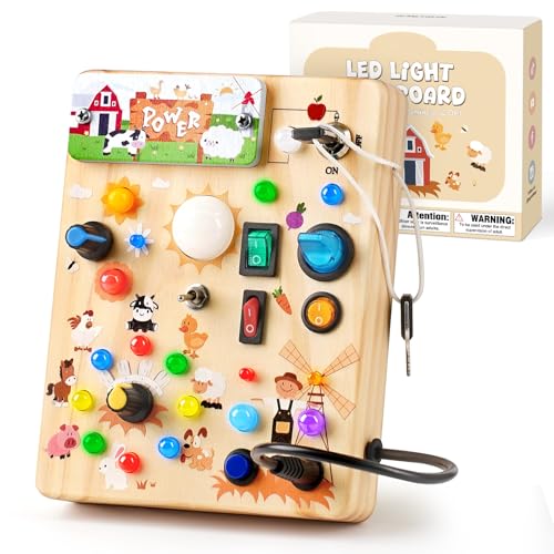 Sanlebi LED Busy Board for Toddlers 1-3,Montessori Toy with Key Switch, Light Up Wood Activity Sensory Board for Fine Motor Skills, Educational Travel Toy Gift for 1 2 3 Year Old Boys Girl