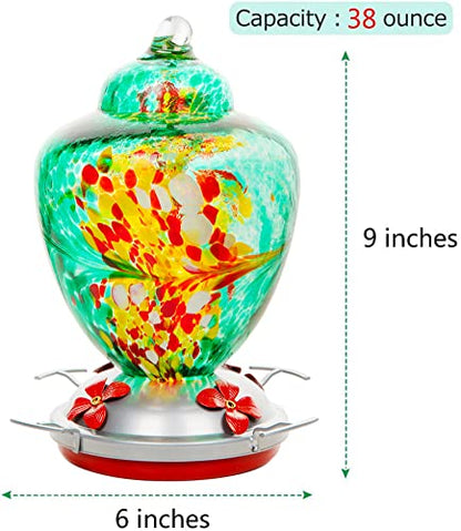 REZIPO Hummingbird Feeder with Perch - Hand Blown Glass - 38 Fluid Ounces Hummingbird Nectar Capacity Include Hanging Wires and Moat Hook (Green) - color: Green