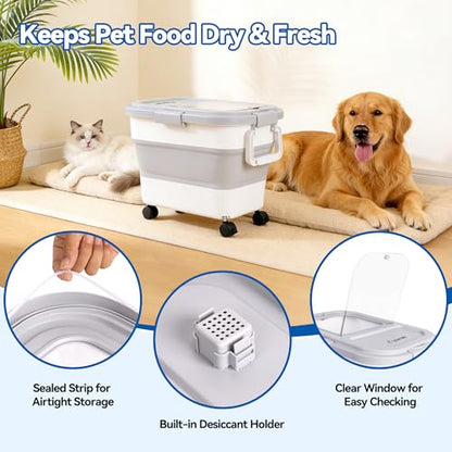 Dog Food Storage Container 20lbs, Airtight Pet Food Bin with Locking Lid & Clear Window, Collapsible Rolling Storage Container with Wheels & Scoop, Gray - color: Gray-S