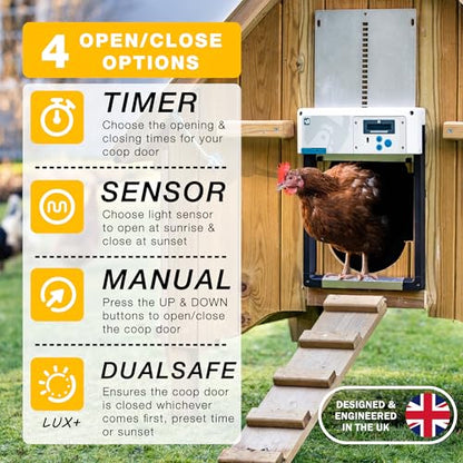 Automatic Chicken Coop Door Opener, ChickenGuard One in All 4 Colours, Timer/Light Sensing, Winter Mode, Auto-Stop & Predator Proof, 3 Power Options, Solar, Battery or Electric (Blue + Batteries) - color: Blue