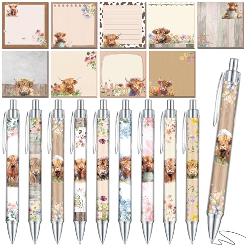 18 Pcs Highland Cow Desk Accessories, 9 Pads Cute Sticky Notes, 9 Kawaii Pens, 3 x 3 Inches Notepads Memo Pad for Office Supplies Meeting Students School Decor Teacher Gifts - style: Highland Cow