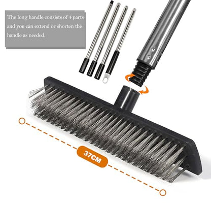 Heavy Duty Floor Scrub Brush Stainless Steel Wire Floor Scrubber with Long Handle Stiff Bristles Outdoor Push Broom for Cleaning Deck,Concrete,Patio,Boat,Moss Removal