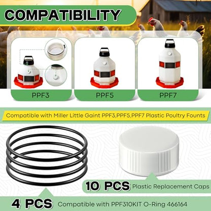 Poultry Fountain Renewal Waterer Parts, 10 Replacement Caps & 4 O Rings, Compatible with Miller PPF3/PPF5/PPF7 & Compatible with Farm-Tuff 3/5/7 Gallon Poultry Founts(White) - color: White