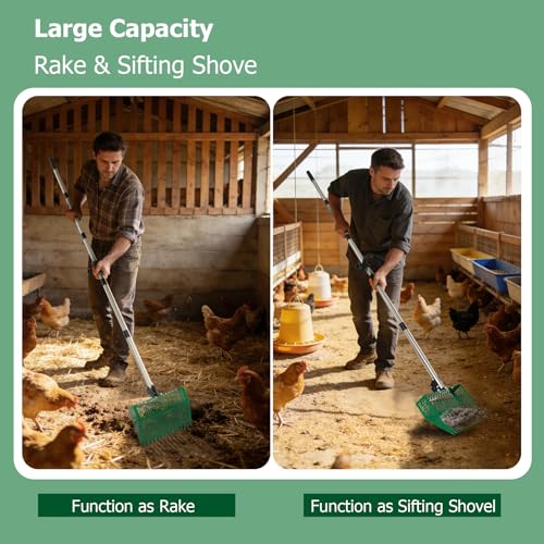 XXXFLOWER Chicken Poop Scooper & Rake 2-in-1, Metal Pooper Scooper Long Handle, Chicken Coop Rake for Chicken Coop, Sand & Pet Waste Cleaning
