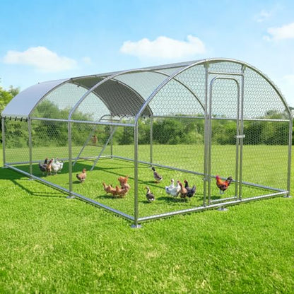 Large Metal Chicken Coop with Weatherproof Canopy for Farm and Backyard Animals Including Chickens, Ducks, and Rabbits (10’ W x 19.7’ L x 6.4’ H, Dome Roof-Roosting Perch)