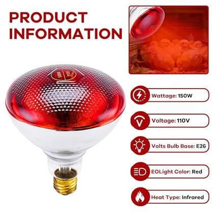 Heat Lamp Bulb for Chickens, Red Heat Lamp Infrared Light Bulb with Power Cord Hanging Chain for Chicks
