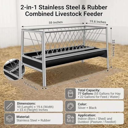 Stainless Steel Hay Feeder for Goats, 77-Gallon Livestock Feeder with 22-Gallon Rubber Feeding Pan, 33.4" Anti-Waste Rack for Sheep, Miniature Horses and Small Farm Animals - color: black and white