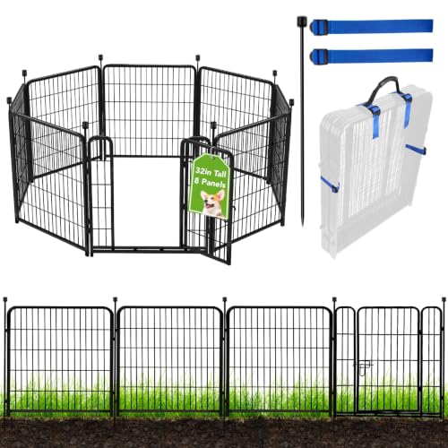 ADAVIN 32 in(H) Garden Fences and Borders,1 Gate+7 Panels Dog Fence Outdoor for Yard, Heavy Duty Iron Metal Animal Barrier Fence, Portable Fence, Flower Garden Fencing,Total 17.7 Ft(L), Black - size: 8panels-32in(H)×17.7ft(L)