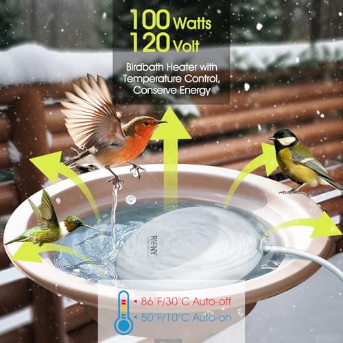 100W Bird Bath Heater for Outdoors in Winter, RIFNY Birdbath Deicer Water Heater Submersible for Bird Chicken Drinking with Thermostatically Control and Auto Shut-Off, Full-Covered Aluminum, 10FT Cord - size: 100W