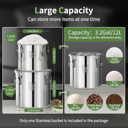 304 Stainless Steel food Storage Containers,3.2 Gal/12L Airtight Stainless Steel Bucket With lids,405oz Flour Storage Container,Metal Airtight Canister for Rice,Grain,Coffee Bean,Dog Food - size: 12Liter