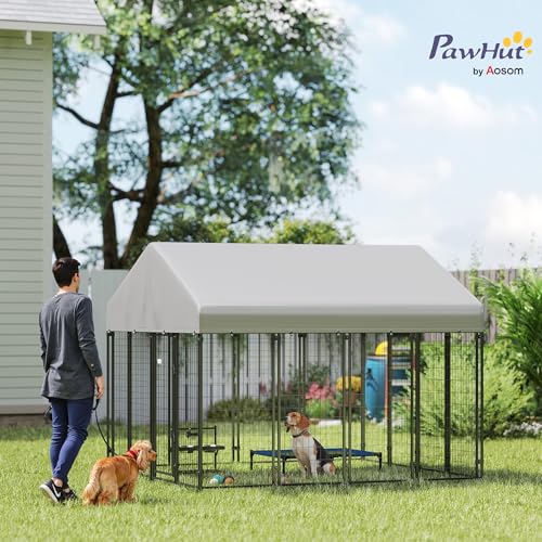 PawHut Outdoor Dog Kennel with Roof, 8' x 8' x 6' Heavy Duty Welded Wire Dog Playpen Enclosure with Escape-Proof Lock, UV-Resistant & Waterproof Cover, for Large Dogs, Chickens, Ducks, Silver - size: 96.1"L x 96.1"W x 72.0"H, style: Single Room