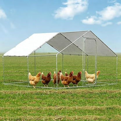 Large Metal Chicken Coop with Walk in Poultry Run and Spire Roof, Waterproof Livestock Shelter Outdoor Enclosure, Sturdy Galvanized Steel Frame for Hen Duck Rabbit, Backyard Farm House