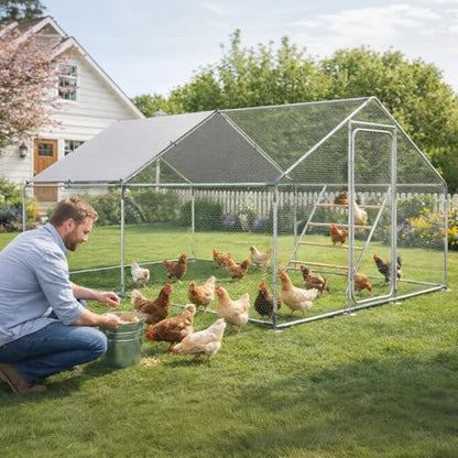 COMHOMA 13×10×6.6FT Large Metal Chicken Coop with Roosting Perch,Walk-in Chicken Run with Waterproof Roof & Lockable Door,Outdoor Poultry Cage for Hens,Ducks,Rabbits - size: 157.5"L x 120.0"W x 78.8"H