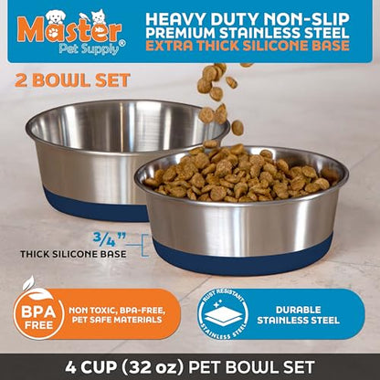 Master Pet Supply Stainless Steel Dog Bowls Set of 2 with Extra Thick Silicone Base - 4 Cup (32 oz) Navy Blue, Non-Slip, Dishwasher Safe Metal Bowls, Pet Dog Food Bowl for Dogs, Cats, Anti Rust - color: Navy Blue, size: 4 Cups (32 oz) 2 Pack