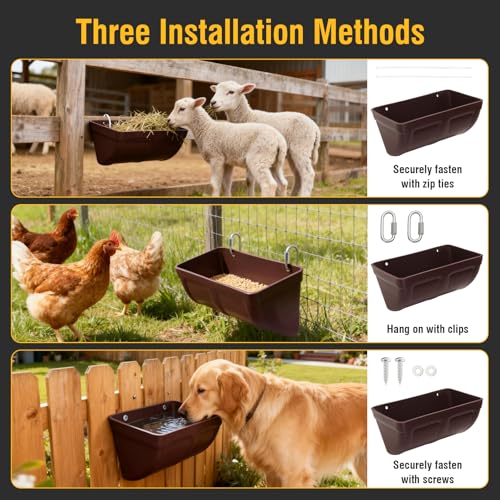 2 Pack Hanging Chicken Feeder Trough for Goat,Sheep,Dog.Livestock Feeding Container Goats Supplies Feeders Waterer Bucket (Brown) - color: Brown