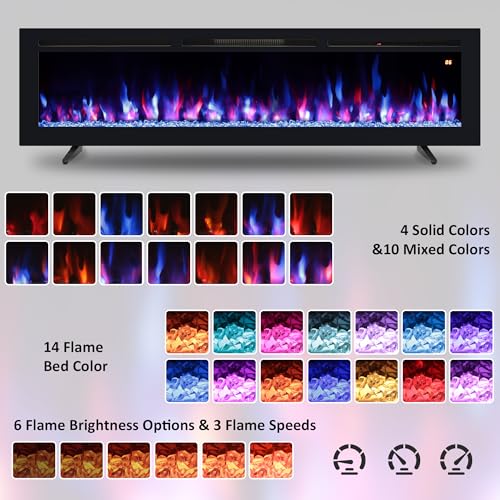 70" Electric Fireplace, Recessed, Wall Mounted and Freestanding Fireplace Heater, Adjustable Flame Color, Speed & Brightness, Thermostat, 9H Timer, Child Lock - size: 70"