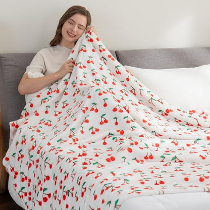 Berkshire Blanket-Classic Heavyweight Warm Soft Printed VelvetLoft® Plush Blanket, King Size Soft Fuzzy Blanket for Couch Sofa Bed, Cherries Toss White, 90in x 108in - color: Cherries Toss White, size: King/Cal King