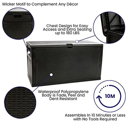 Merrick Lane Outdoor Storage Container - 120 Gallon Capacity - Black Weather Resistant Plastic - UV Treated to Prevent Fading - Chest Design with Hinged Lid