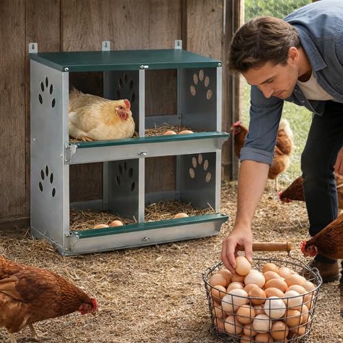 4 Compartments Metal Chicken Nesting Box,Wall Mounted Egg Box,Green,Rustproof and Easy to Clean