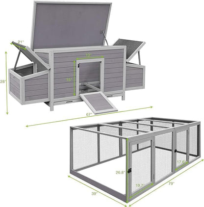 GUTINNEEN 103 in Large Chicken Coop and Run, Outdoor Wooden Chicken House for 4-6 Chickens, Hen House Poultry Cage with Nest Box, Grey - size: 103"L x 39"W x 26.8"H