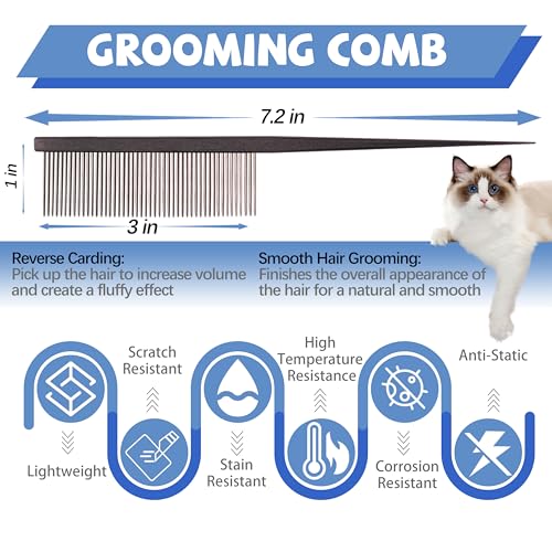 Grooming Pet Comb Rat Tail Dematting Cat and Dog Comb，Rounded Ends Design for Safe Tangle Removal, Hairstyling, Massage，Loose Hair Removal，Prevent Irritation，Fluffing Paws,Face,Tail,Remove Tear Stain - color: Black