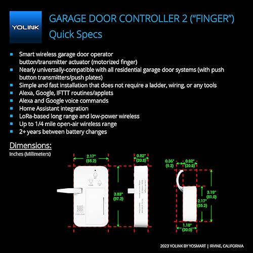 YoLink 1/4 Mile World's Longest Range Smart Wireless Garage Door Opener, App Control, Compatible with Alexa IFTTT, YoLink Hub Required - color: White Contoller 2+White Sensor