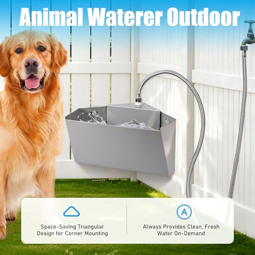 1.6Gal Automatic Livestock Waterer with Float Valve for Horse Dog | Self-Filling Drinking Trough Corner Wall Mount, Stainless Steel, with Drainage Hole, Space-Saving Design, Easy to Install