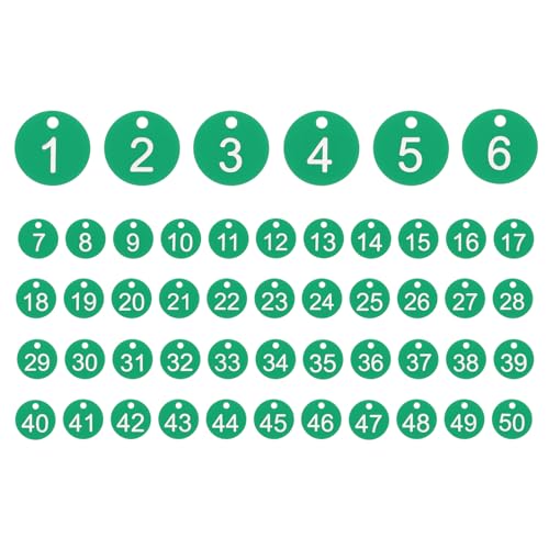 PATIKIL 50PCS Number Tags 1-50, Number Key Tags Plastic Numbered Keychain for Organizer Field Sales Hangers Clothes Labels ID, Green - color: Green