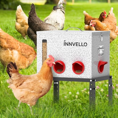 40LB Metal Chicken Feeder with Adjustable Legs - Automatic Gravity Poultry Feeder No Waste - Rat Proof Galvanized Large Chicken Feed Container with 6 Ports & Double Viewing Windows