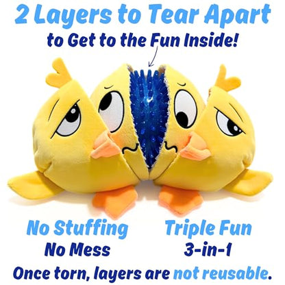 Ducky 3 in 1 Plush Duck Dog Chew Toy with Squeaky Ball Inside for Aggressive Chewers, Super Interactive, No Stuffing, Strong Tough Heavy Durable, Birthday Gift Box for Small & Large Breeds - color: Yellow