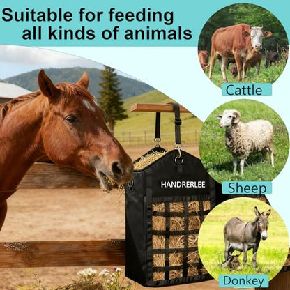 Hay Bags for Horses, 1PCS Slow Feed Hay Bags for Goats, Sheep, Donkey, Two-Sided Premium Oxford Hay Feed Bags and High Strength Metal Clasp, Easy to Hang with Adjustable Strap(Black, Large 1 Pack) - size: 1PCS