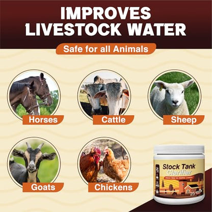 Stock Tank Clarifier - Improves Livestock Water by reducing buildup and Creating Healthier Water troughs. Safe for Horses, Cattle, Sheep, Goats & Chickens. (Tablet, 25, Count)