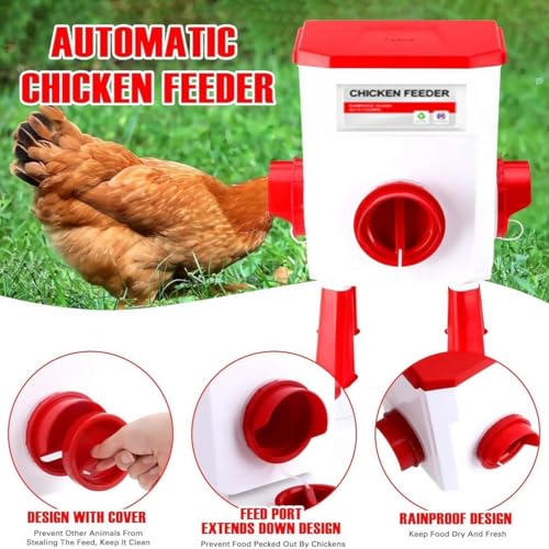Automatic Chicken Feeder and Waterer Set(4 Buckets/2-3 gallons), 18 Pounds No Waste, Rain Proof Poultry Feeder, Avoid Small Animals, Suitable for Chicken, Duck, Turkey(Red Color)