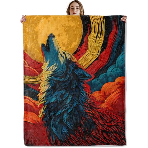 Howling Wolf Moon Art Blanket, Soft Cozy Lightweight Abstract Animal Design Throw Blanket for Women Men Boys, Sofa Couch Bed 50x60 Inch Flannel Blankets for Travel Fantasy Decor Gifts - color: Wolf41, size: 50×60 Inch